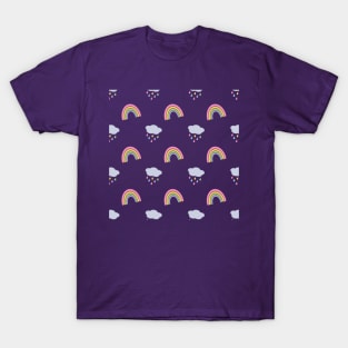 Rainbow and Rain Clouds Pattern in Purple T-Shirt